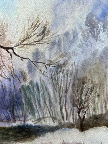 Watercolor painting Winter Forest landscape