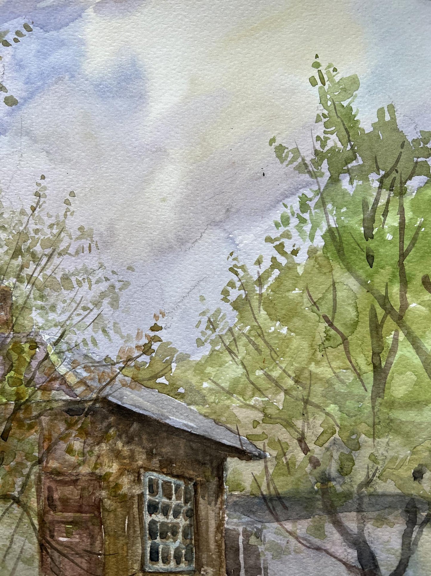 Watercolor painting Spring Village landscape 