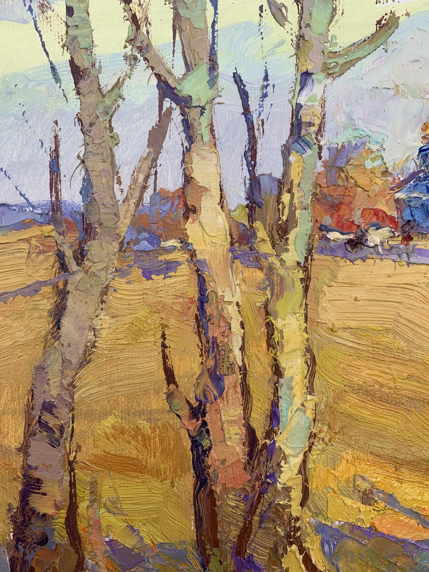 Impressionistic oil painting of birch trees by Oksana Ivanyuk, The sound of autumn bells