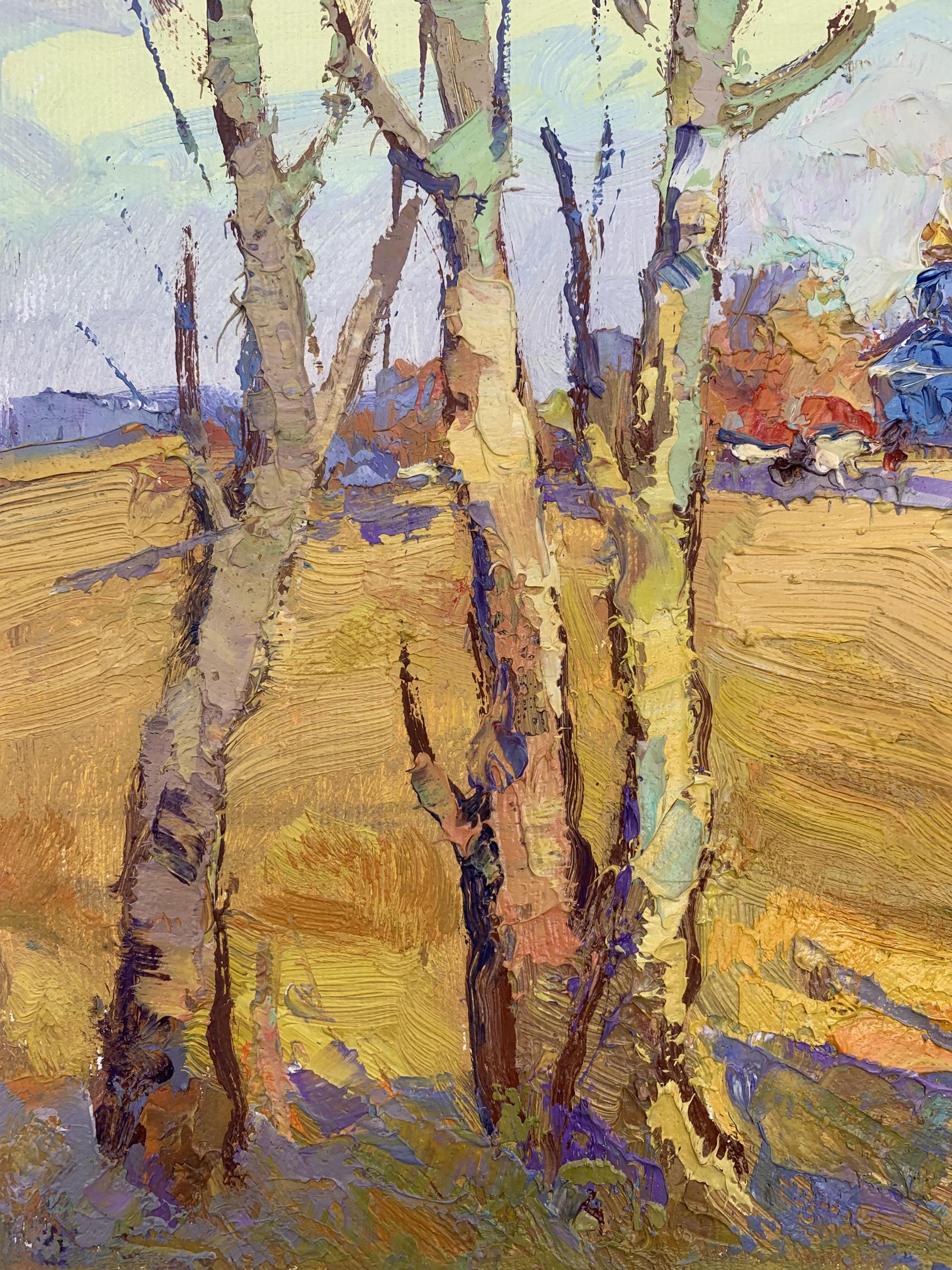 Vibrant impressionistic oil painting of birch trees by Oksana Ivanyuk, The sound of autumn bells