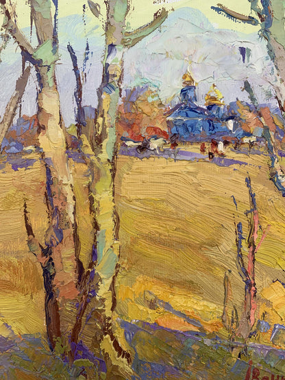 Oil painting The sound of autumn bells by Oksana Ivanyuk with blue church