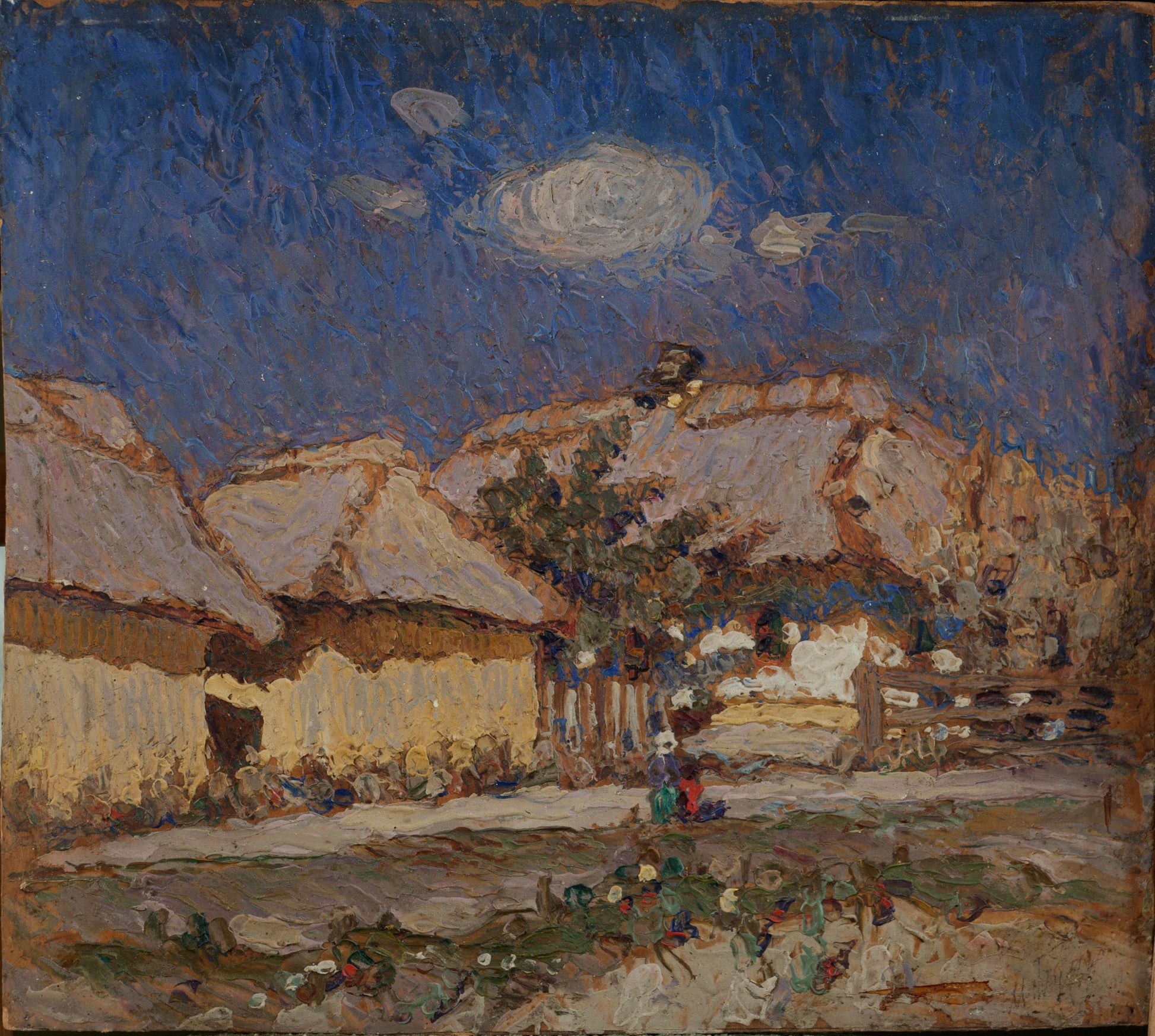 Mykola Burachek rare collectible oil painting of moonlit countryside village