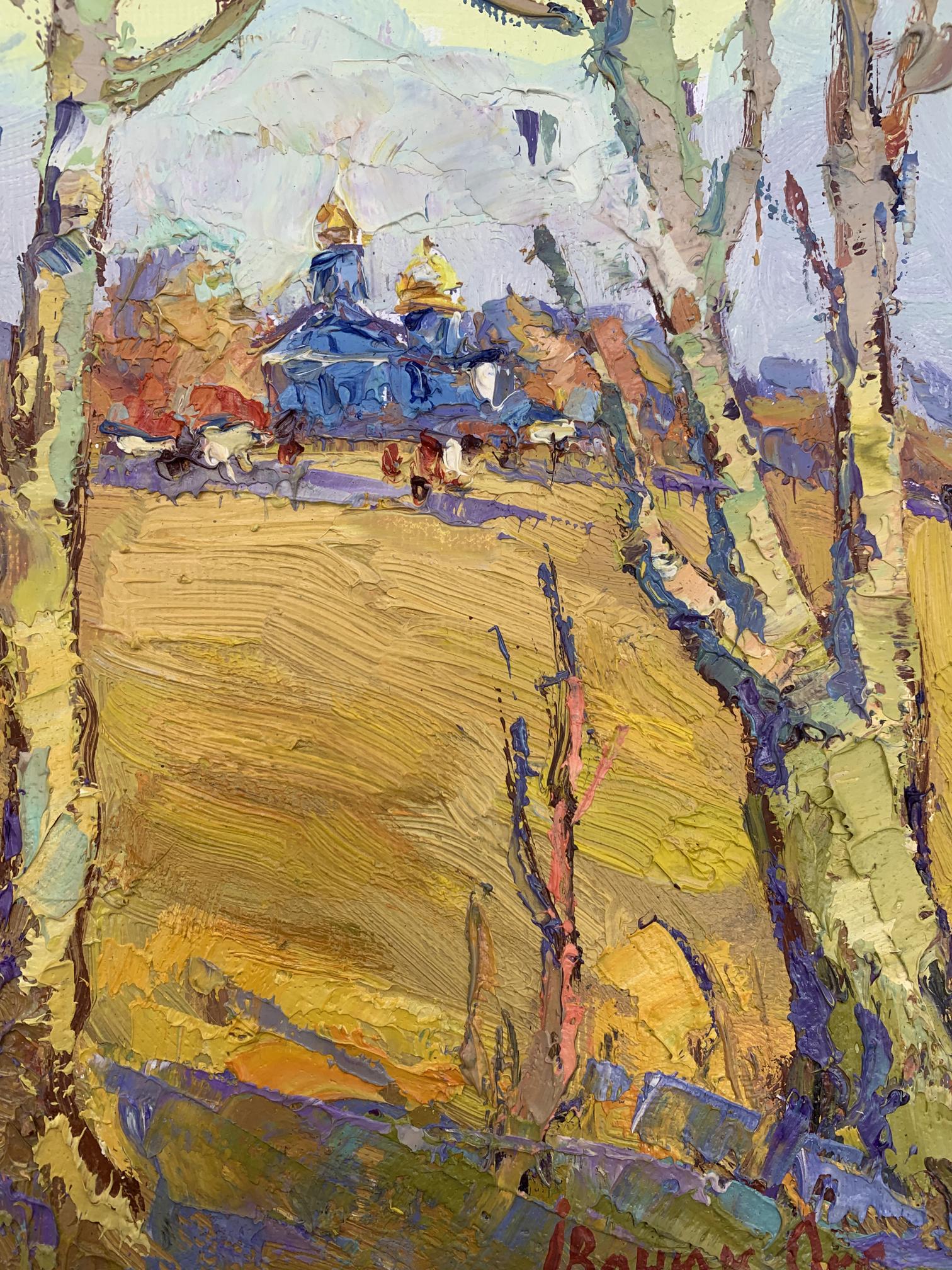 Oil painting The sound of autumn bells by Oksana Ivanyuk with blue church