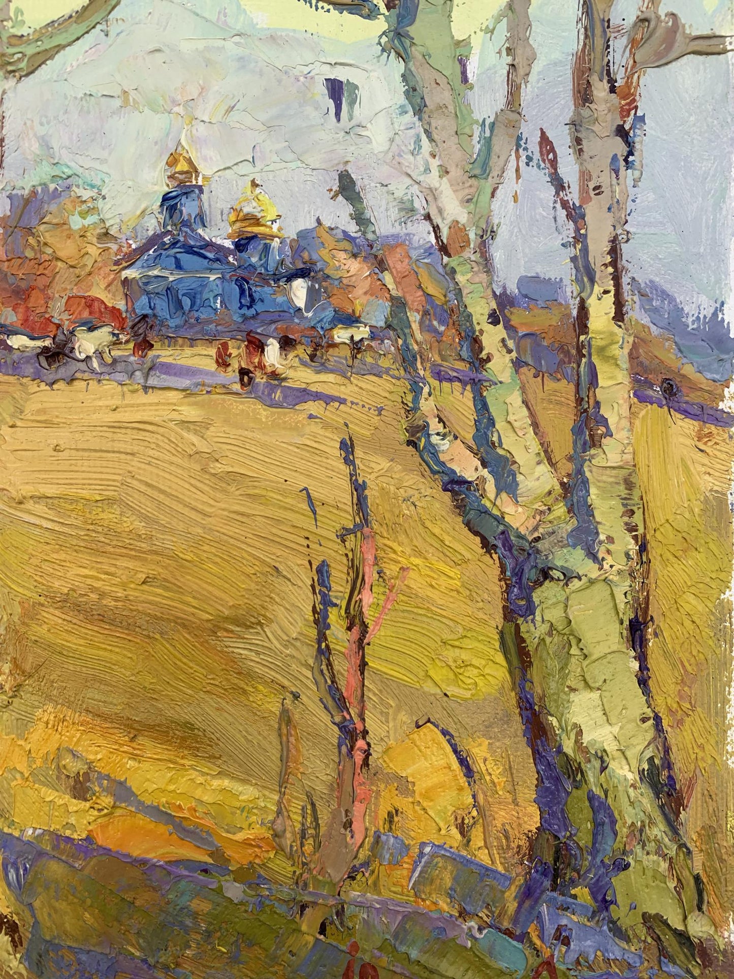 Impressionistic oil painting of birch tree and autumn bells church by Oksana Ivanyuk