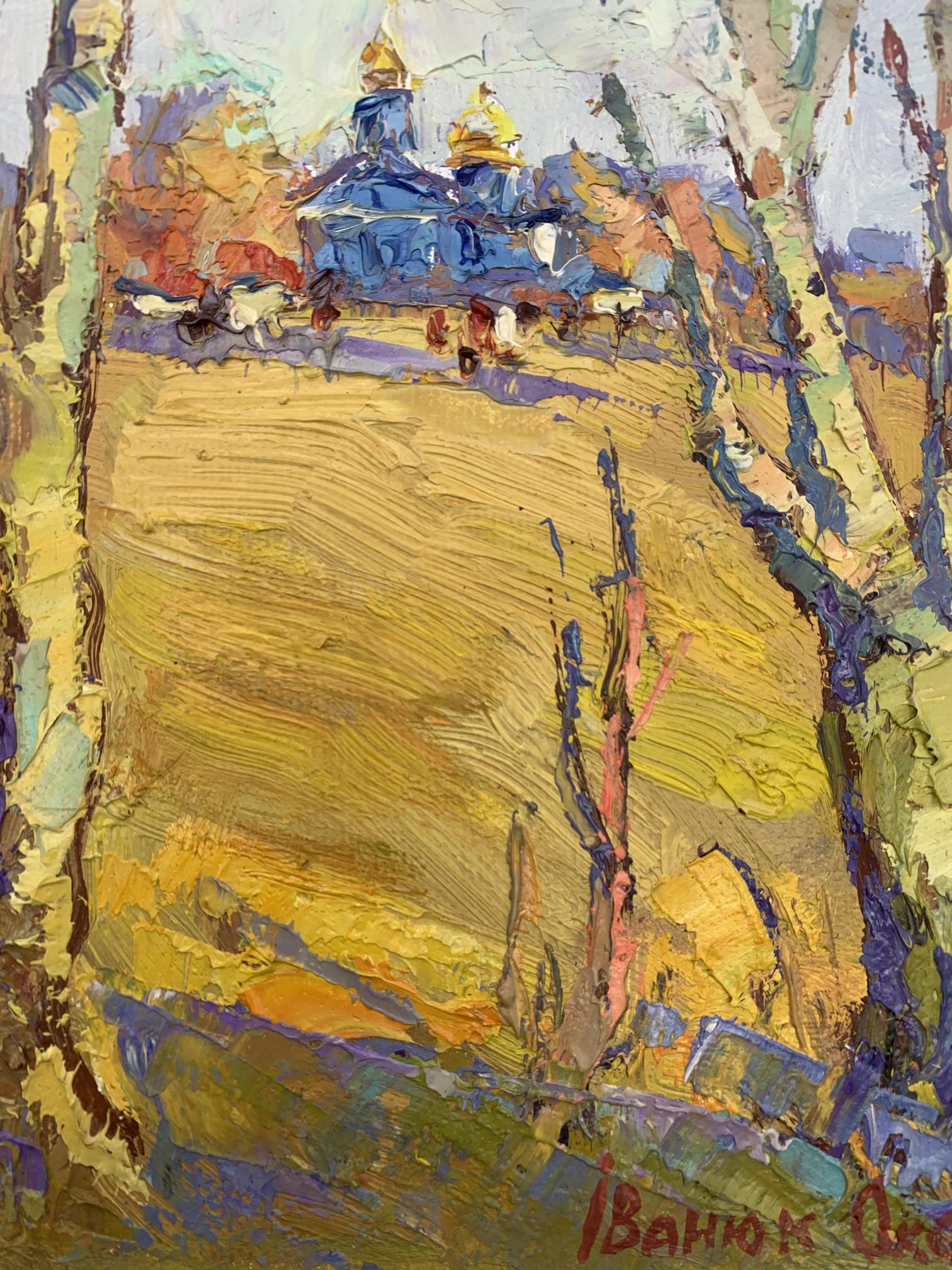 Oil painting The sound of autumn bells by Oksana Ivanyuk, blue church in yellow field