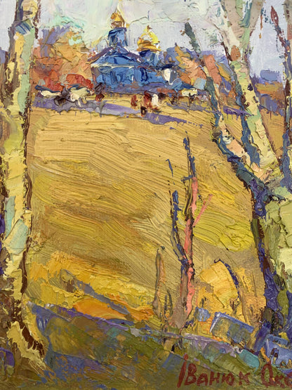 Oil painting The sound of autumn bells by Oksana Ivanyuk, blue church in yellow field