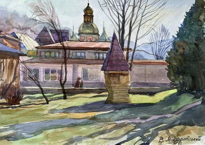 Watercolor painting The yard in the church V. Mishurovsky