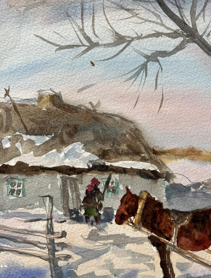 Watercolor painting Winter Landscape 