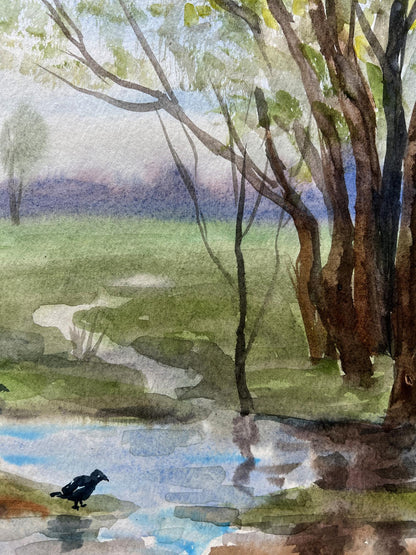Watercolor painting Spring Nature Landscape 