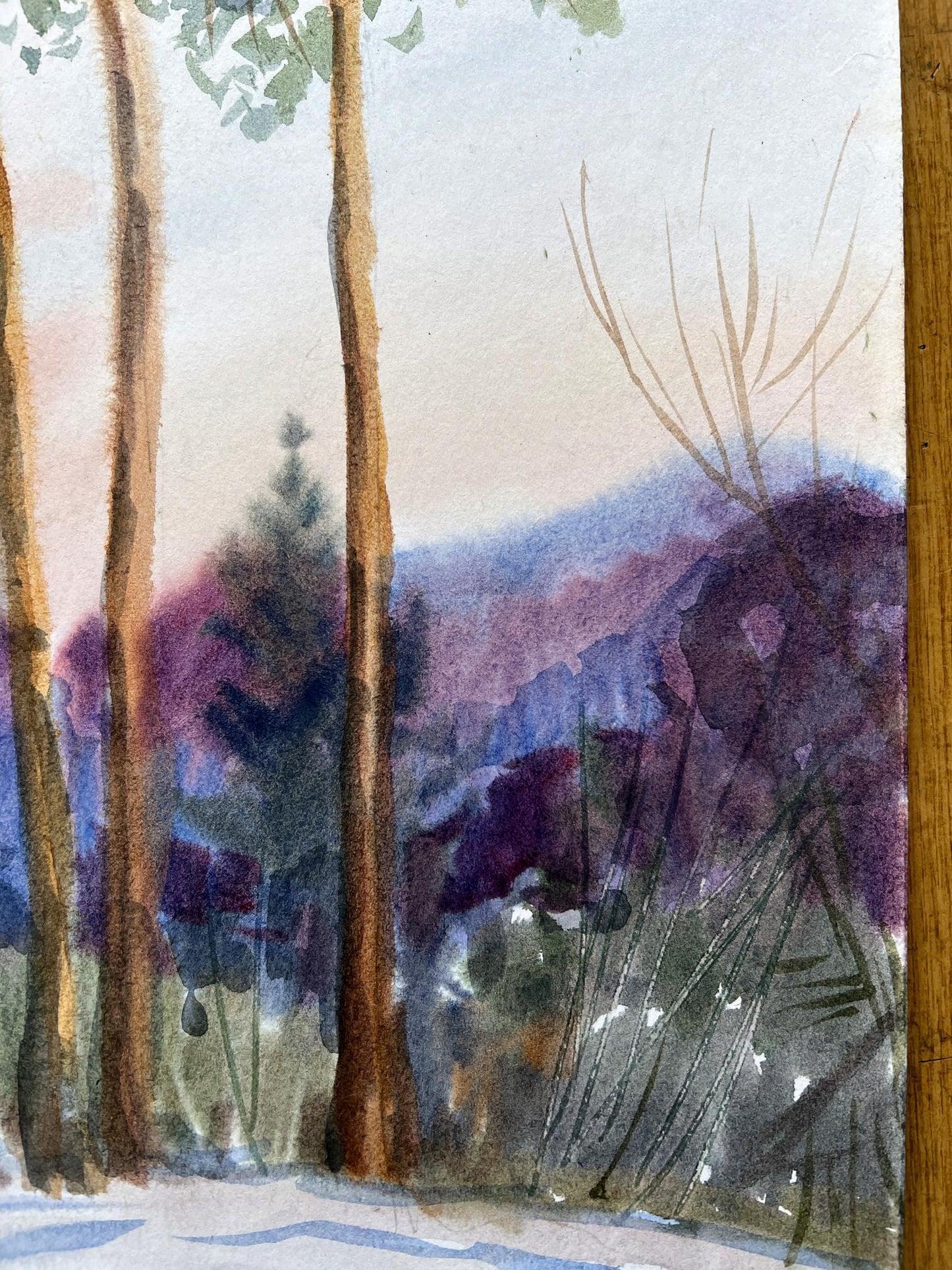 Gouache painting Winter Mountain Landscape