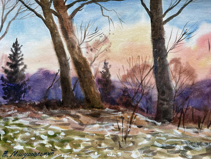 Gouache painting Evening in the forest V. Mishurovsky