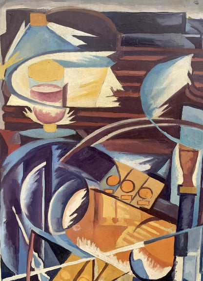 Abstract cubist oil painting Ethereal Space by V. Konotopsky in blues, yellows, browns
