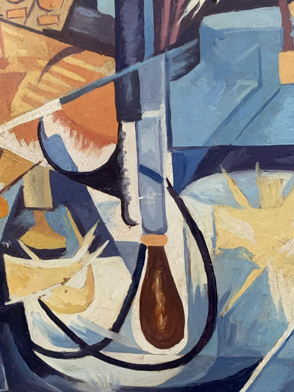 Cubist oil painting Ethereal Space by V. Konotopsky, violin in blue orange