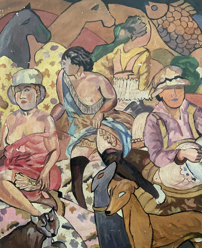 Vibrant abstract oil painting Picnic by V. Konotopsky based on Mikhail Larionov