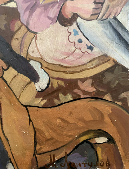 Painted wooden rocking horse in Abstract oil painting Picnic by Mikhail Larionov V. Konotopsky