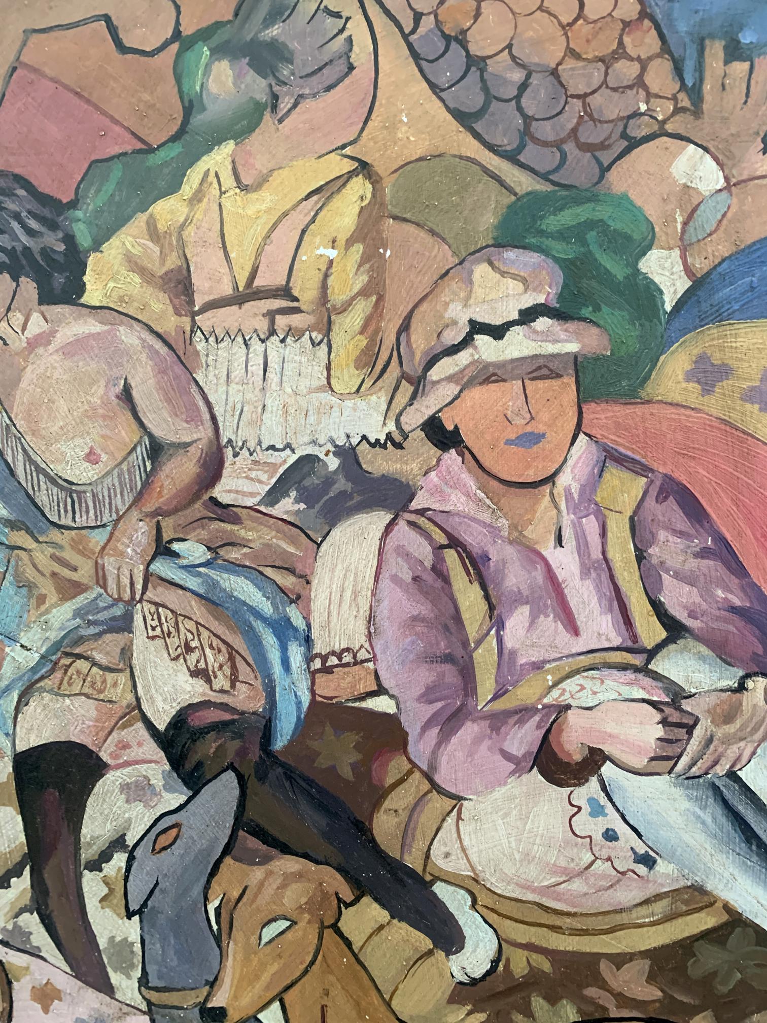 Vibrant abstract oil painting Picnic by V. Konotopsky, woman in pink jacket and hat