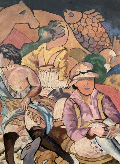 Abstract oil painting Picnic by V. Konotopsky, woman in pink jacket among figures and animals