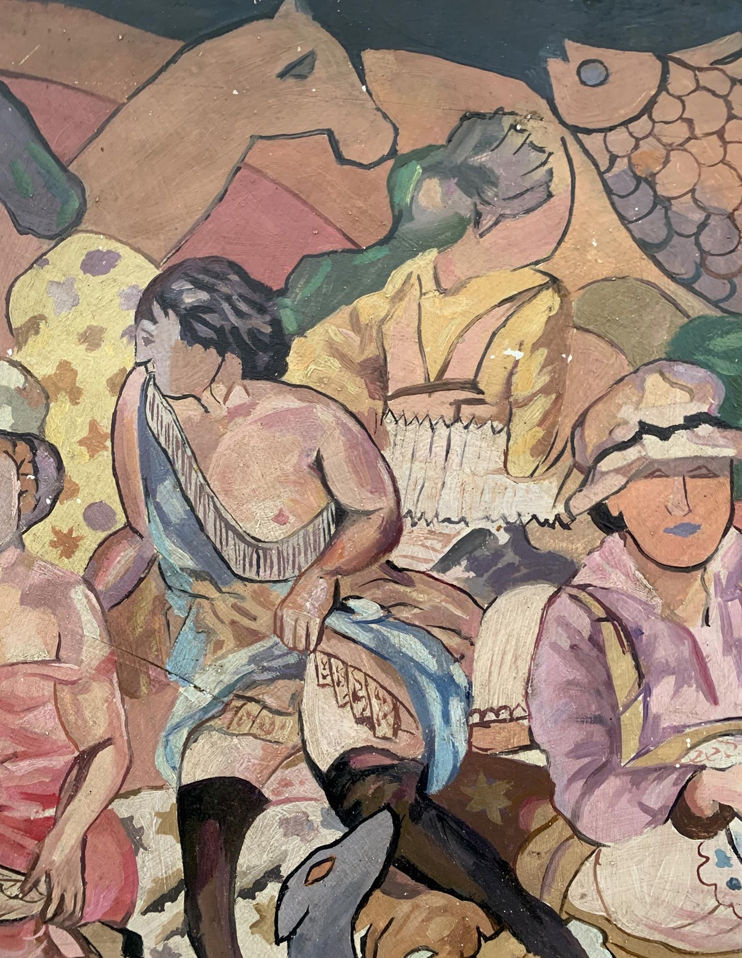Abstract oil painting Picnic by V. Konotopsky, stylized figure in blue fringed garment
