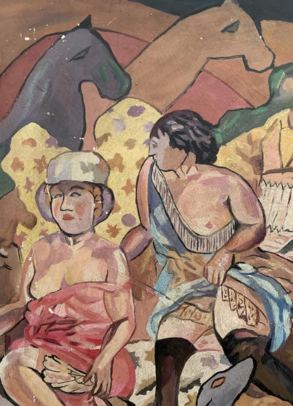 Abstract Picnic oil painting by V. Konotopsky based on Mikhail Larionov