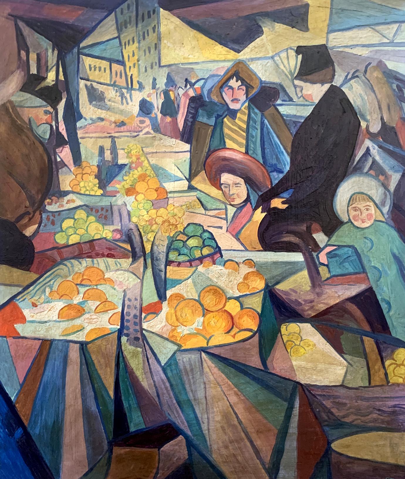 Vibrant abstract oil painting of Kyiv market by V. Konotopsky, Bogomazov style