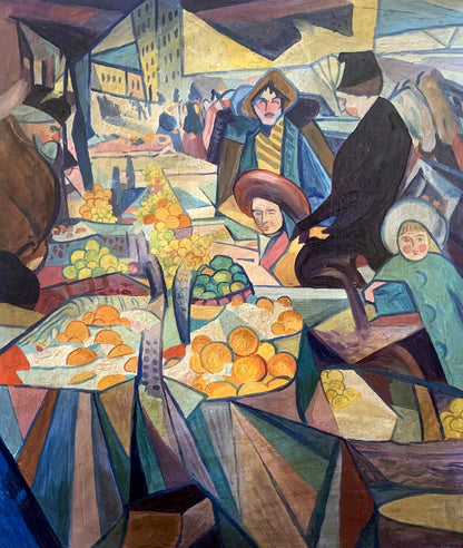 Vibrant abstract oil painting of Kyiv market by V. Konotopsky, Bogomazov style