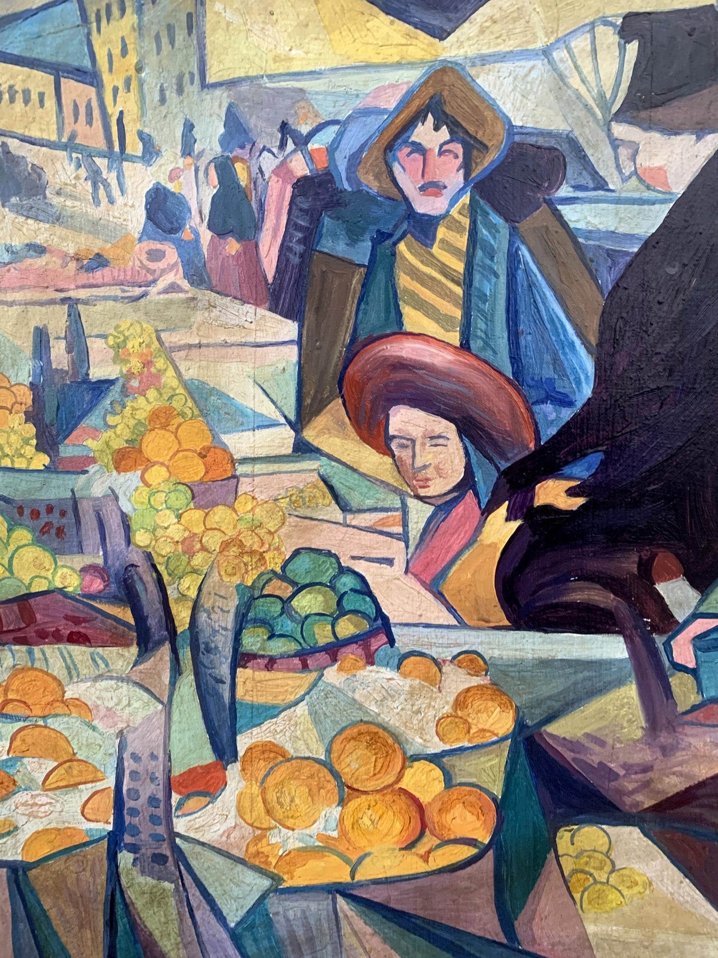 Vibrant cubist oil painting of Kyiv market by V. Konotopsky, Bogomazov style