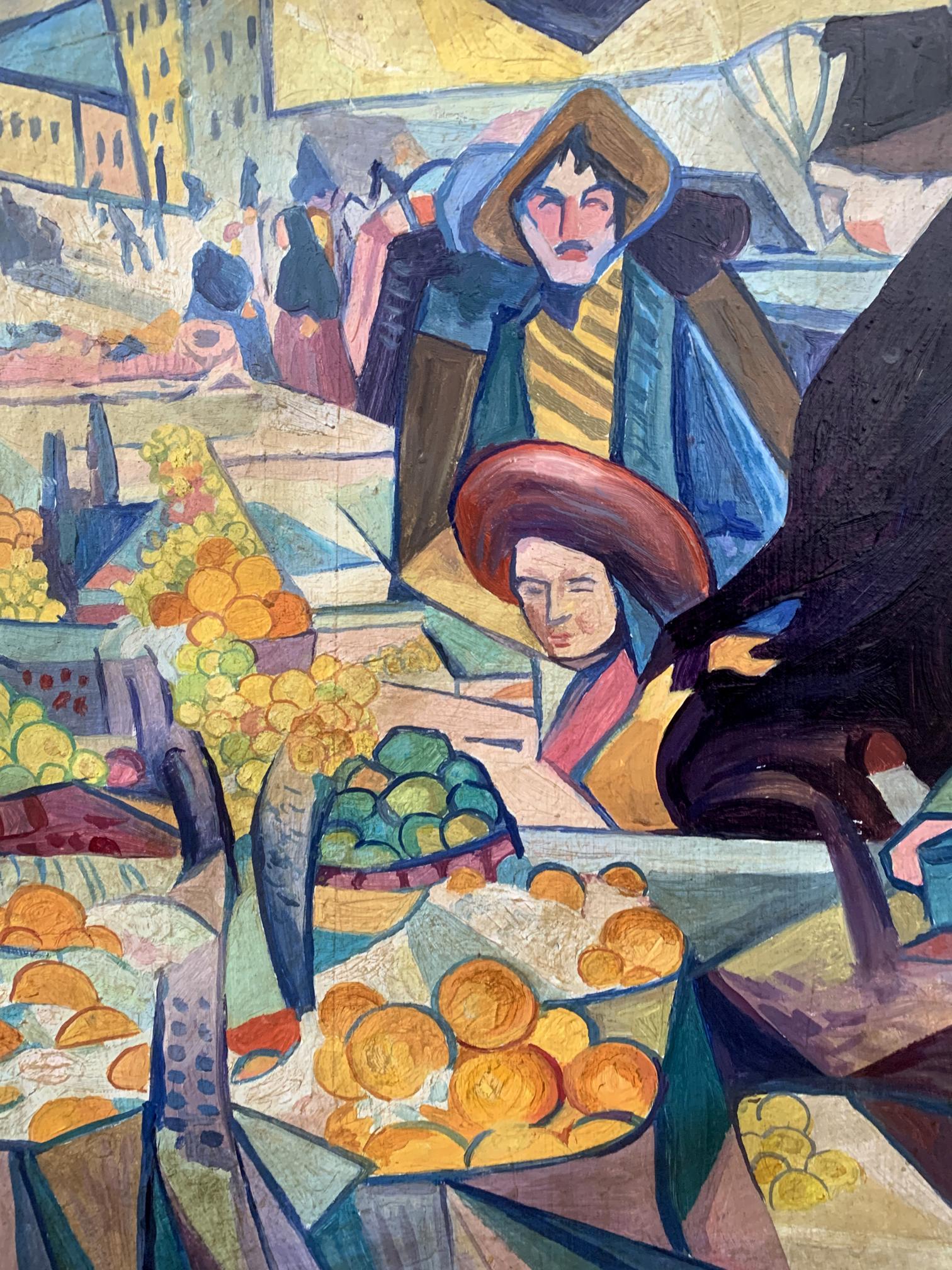 Vibrant cubist oil painting of Kyiv market by V. Konotopsky, Bogomazov style