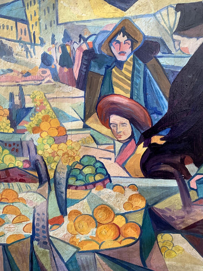 Vibrant cubist oil painting of Kyiv market by V. Konotopsky, Bogomazov style