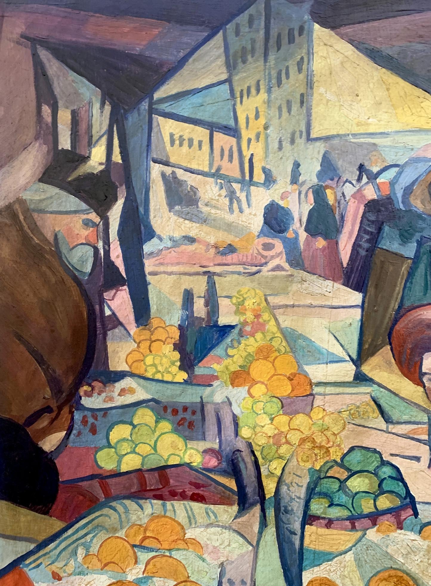 Vibrant abstract oil painting Kyiv by V. Konotopsky, bustling market scene
