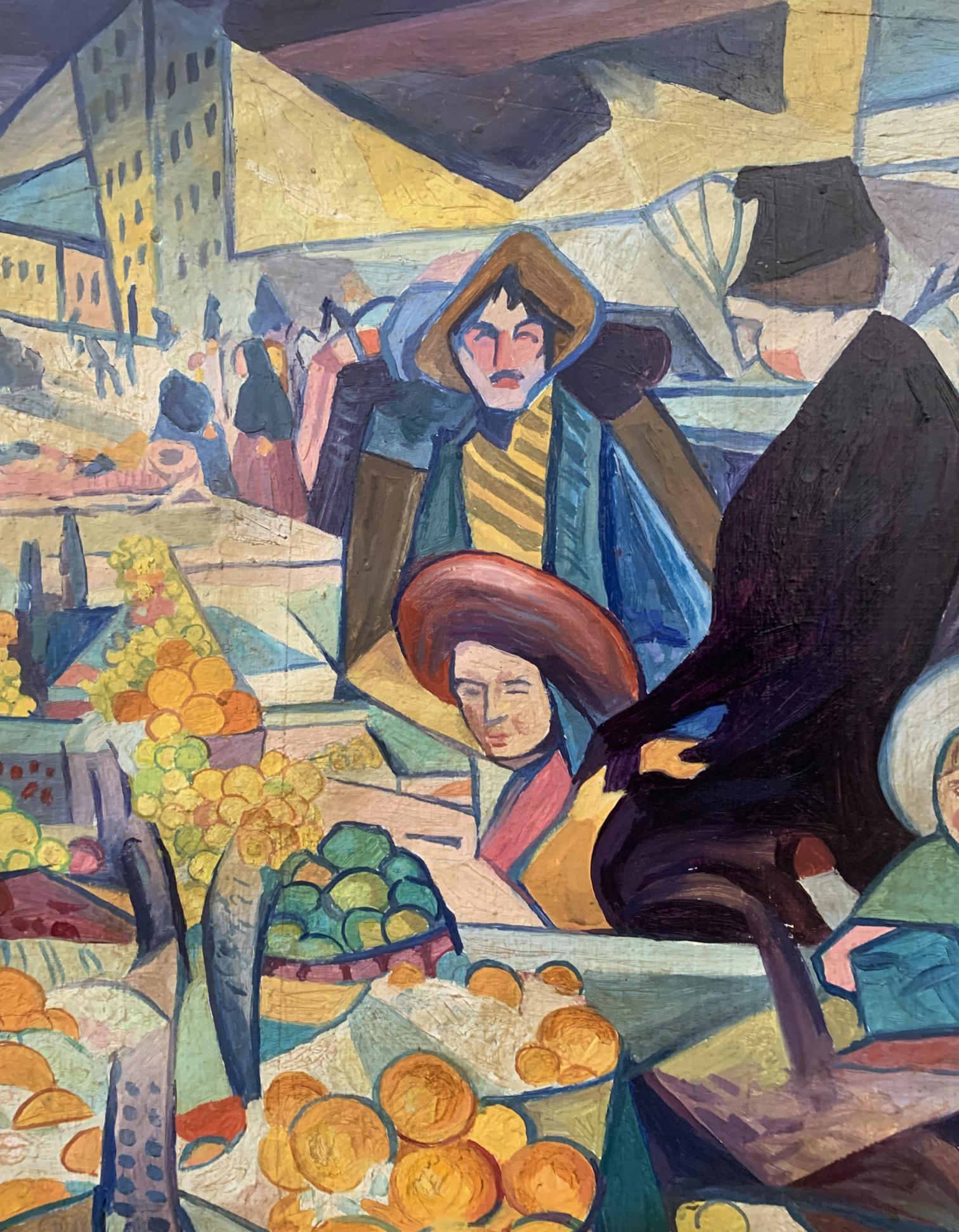 Vibrant abstract oil painting Kyiv by V. Konotopsky, Bogomazov-inspired market scene