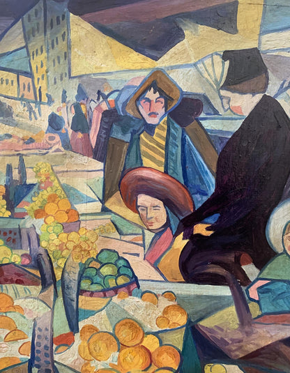 Vibrant abstract oil painting Kyiv by V. Konotopsky, Bogomazov-inspired market scene