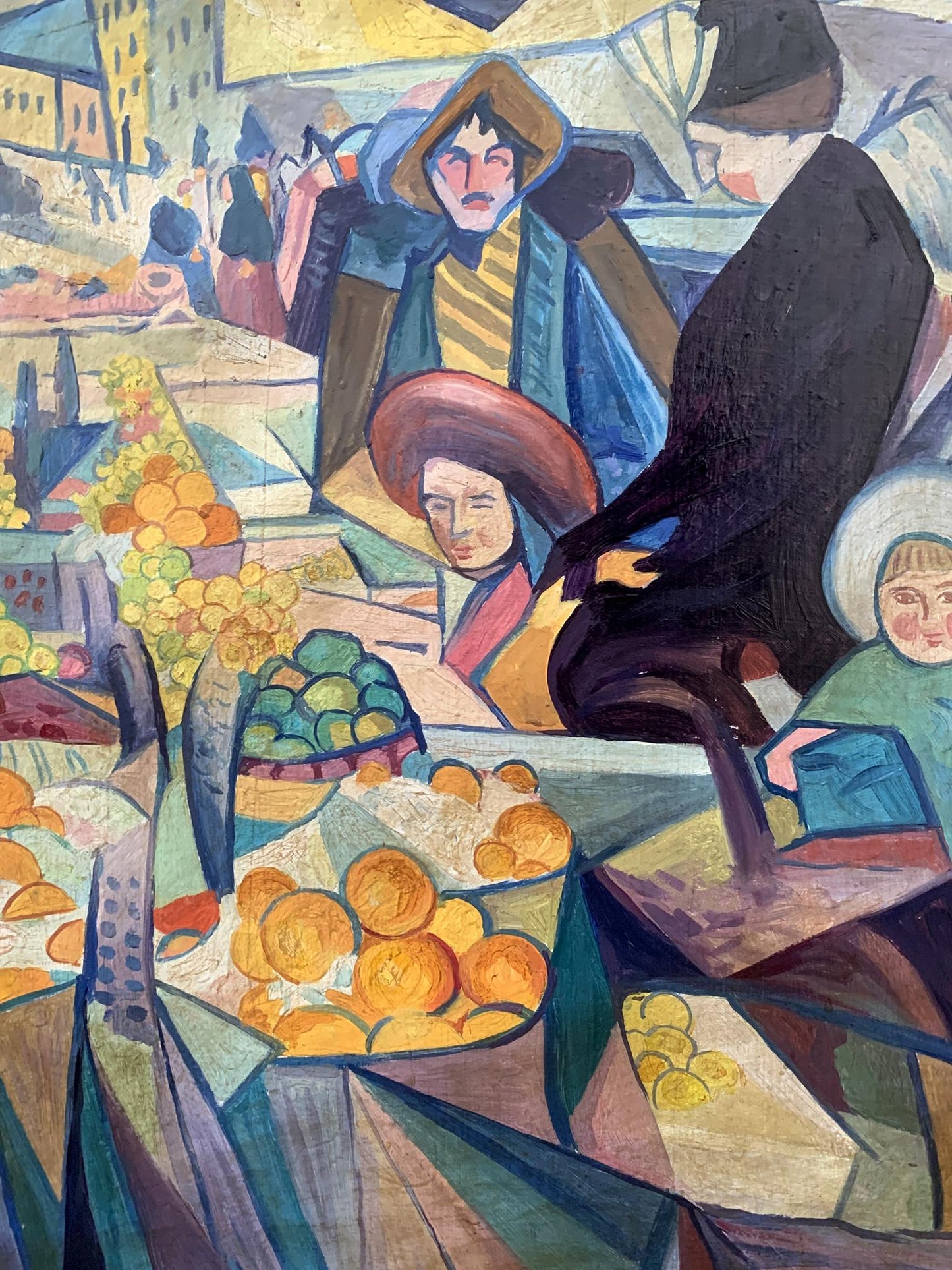 Cubist Kyiv fruit market oil painting by V. Konotopsky, vibrant oranges and grapes