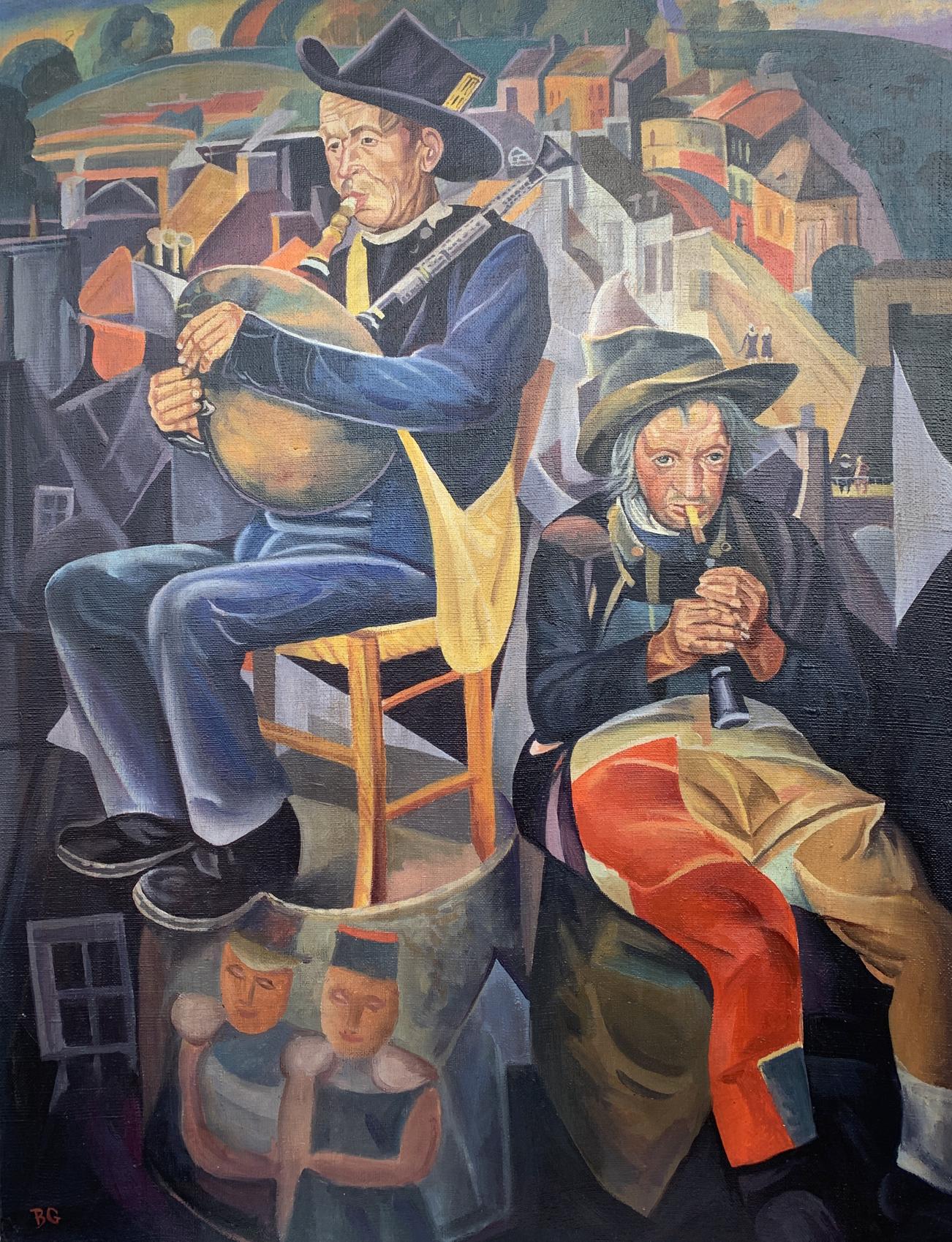 Abstract oil painting of street musicians by Victor Konotopsky, Boris Grigoriev style