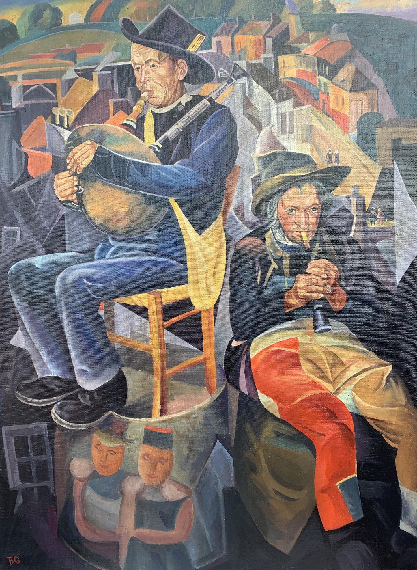 Abstract oil painting of street musicians by Victor Konotopsky, inspired by Boris Grigoriev