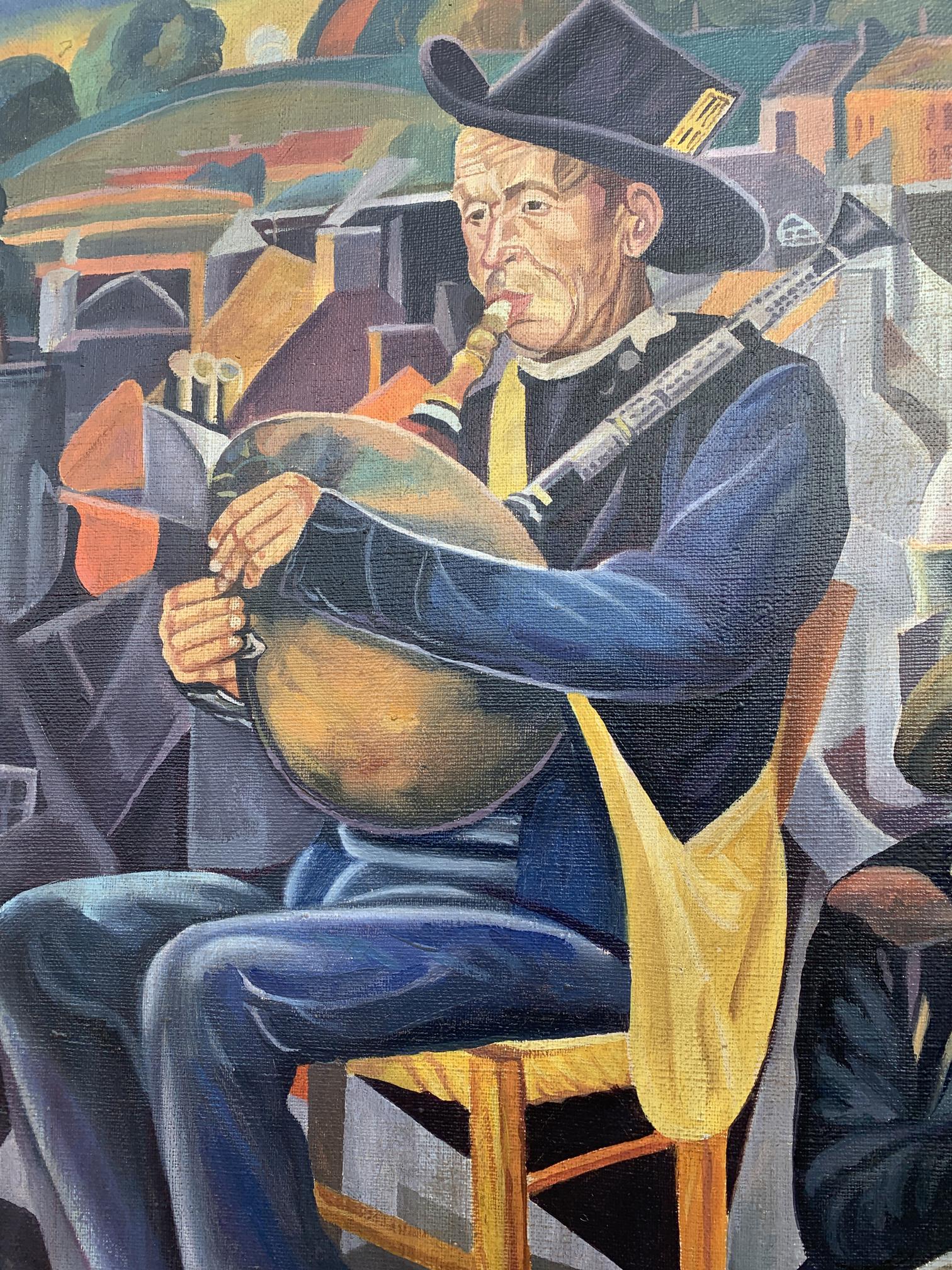 Abstract oil painting of elderly bagpipe player in black hat and blue coat by Victor Konotopsky