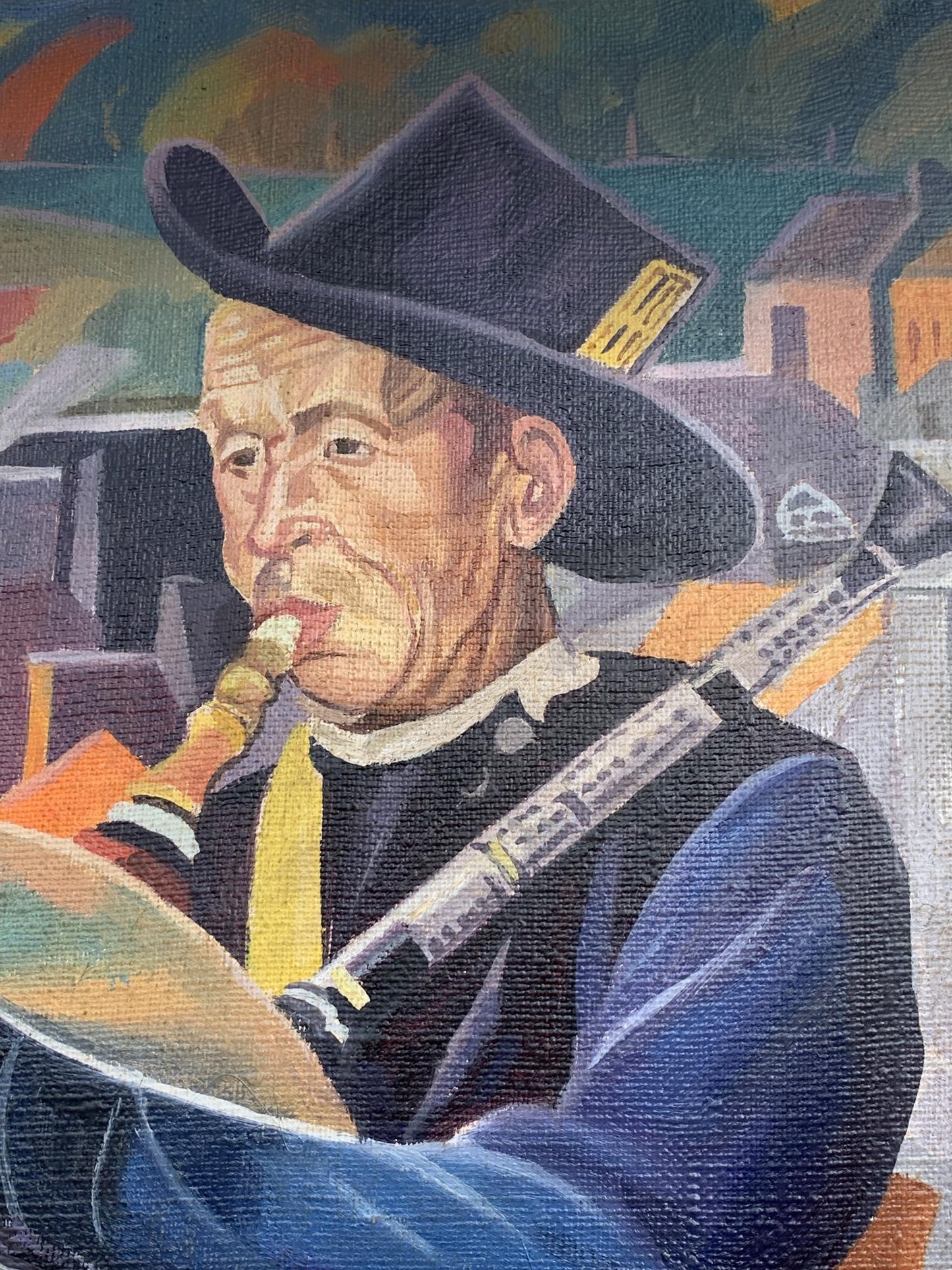 Abstract oil painting of elderly street musician with clarinet by Victor Konotopsky