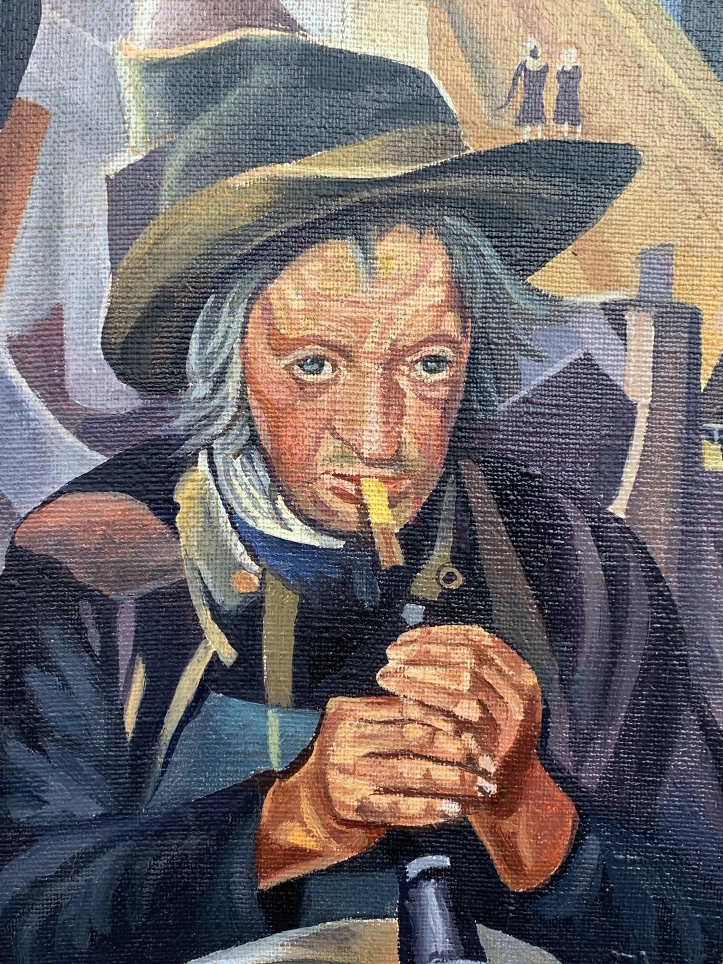 Abstract oil painting of street musician by Victor Konotopsky based on Boris Grigoriev