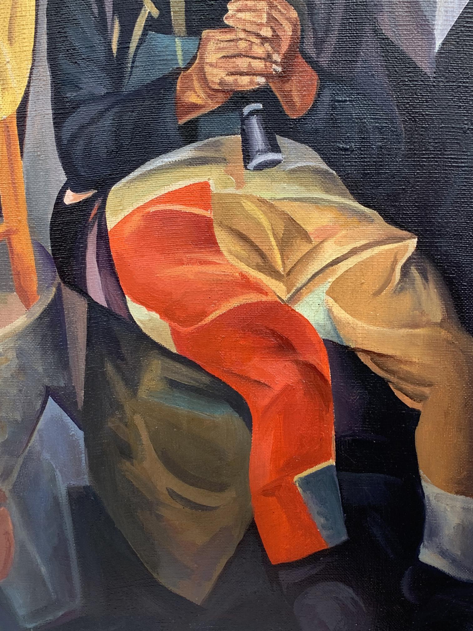 Hands clasping dark cylinder on red beige folds in Grigoriev-inspired street musicians oil painting