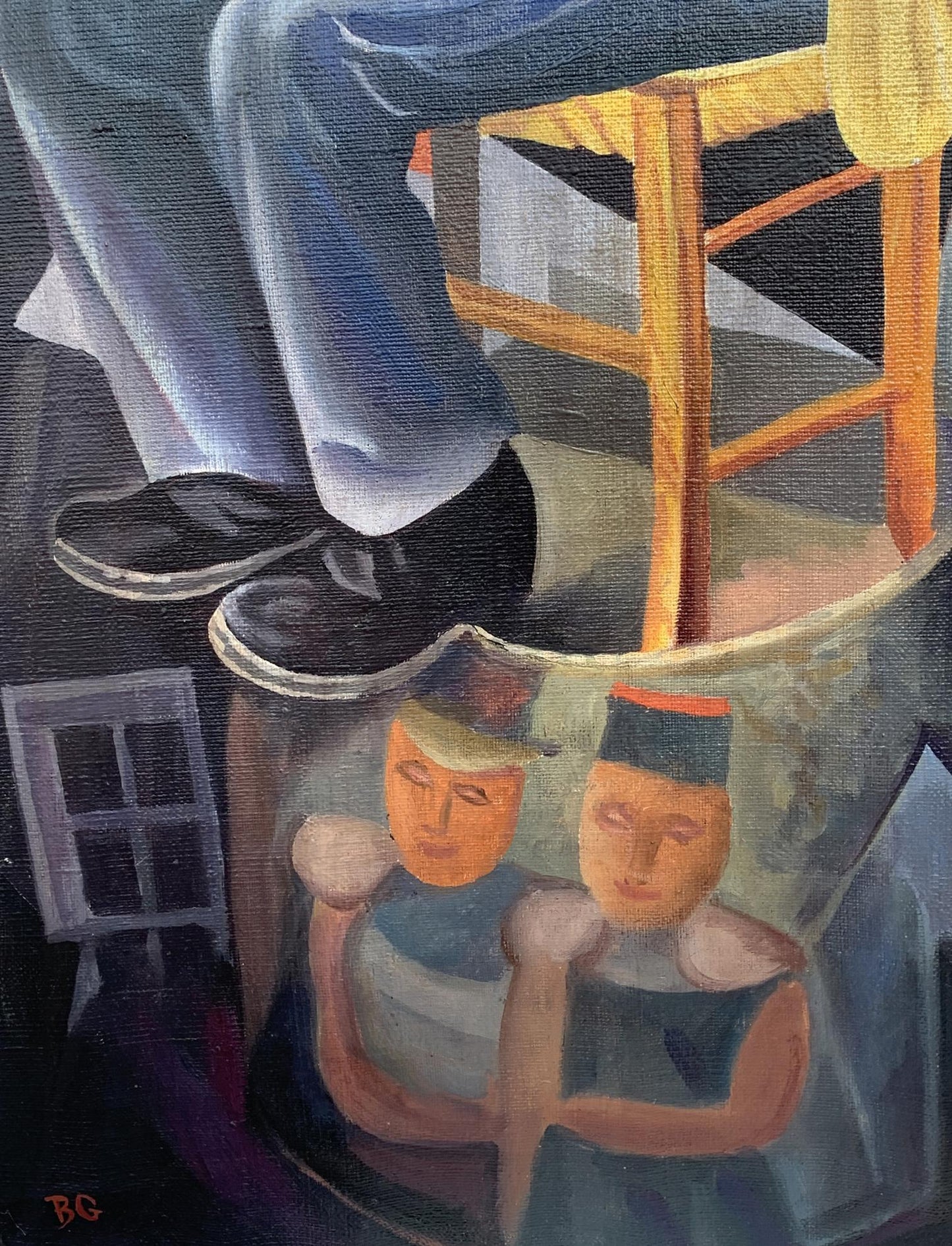Surreal oil painting of street musicians by Victor Konotopsky based on Boris Grigoriev