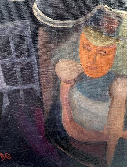 Stylized abstract oil painting of street musicians by Victor Konotopsky in warm orange tones