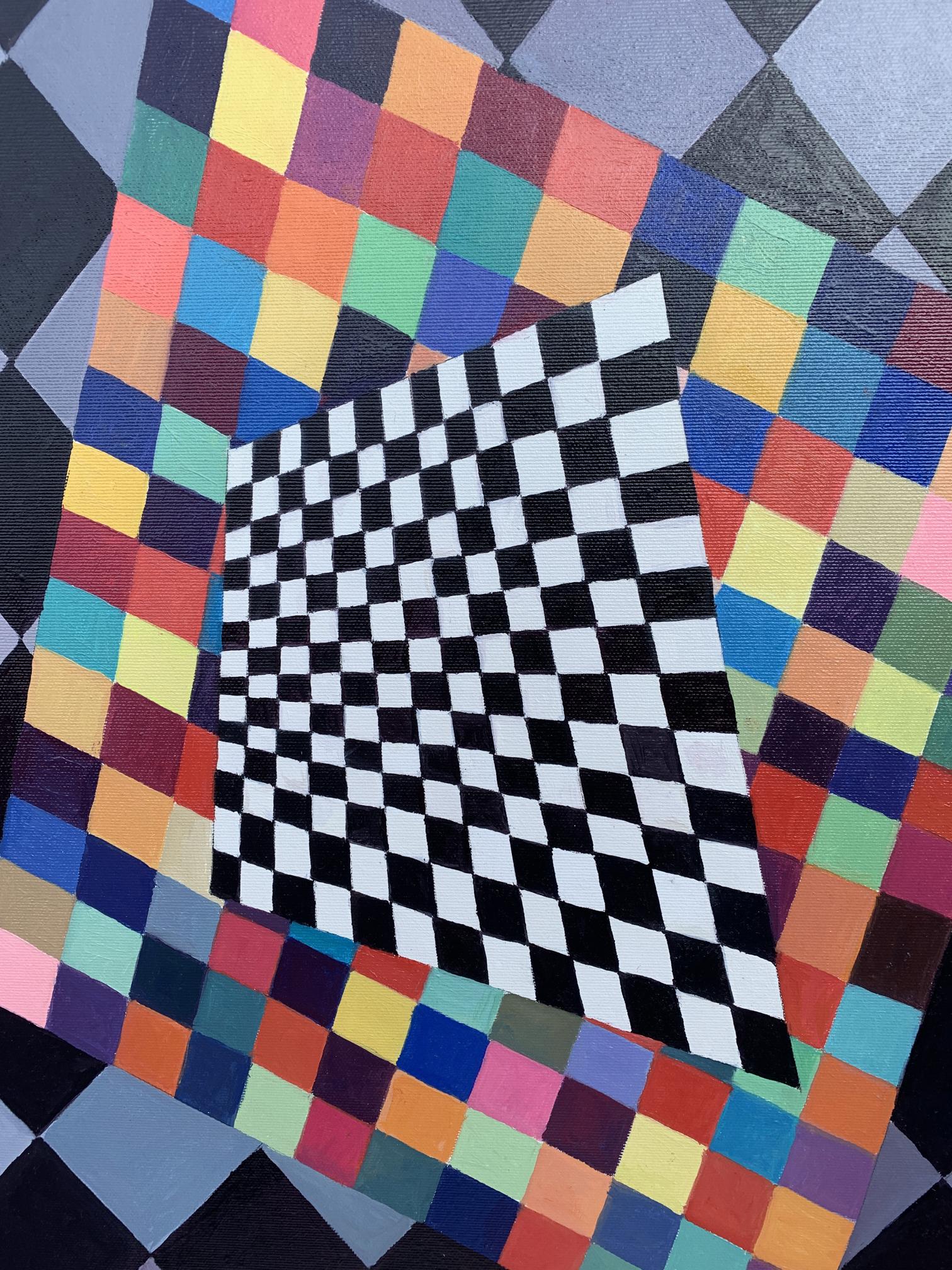 Vibrant multicolored checkered abstract oil painting by Victor Konotopsky, Kandinsky-inspired square canvas