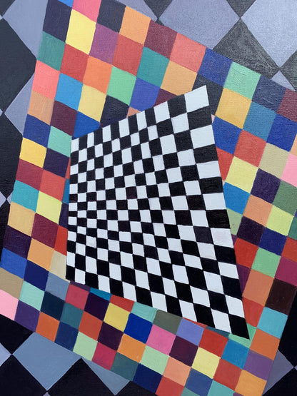 Vibrant multicolored checkered abstract oil painting by Victor Konotopsky, Kandinsky-inspired square canvas