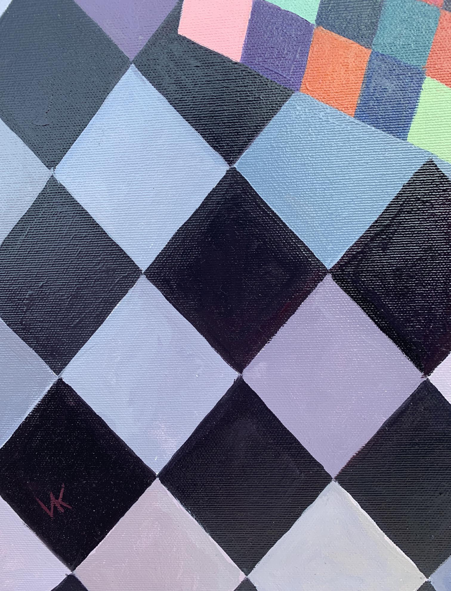 Modern abstract oil painting by Victor Konotopsky inspired by Kandinsky with bold black white diamond pattern and pastel pink purple teal orange accents