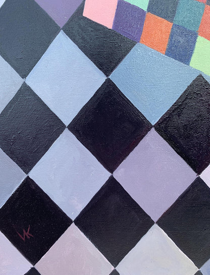 Modern abstract oil painting by Victor Konotopsky inspired by Kandinsky with bold black white diamond pattern and pastel pink purple teal orange accents