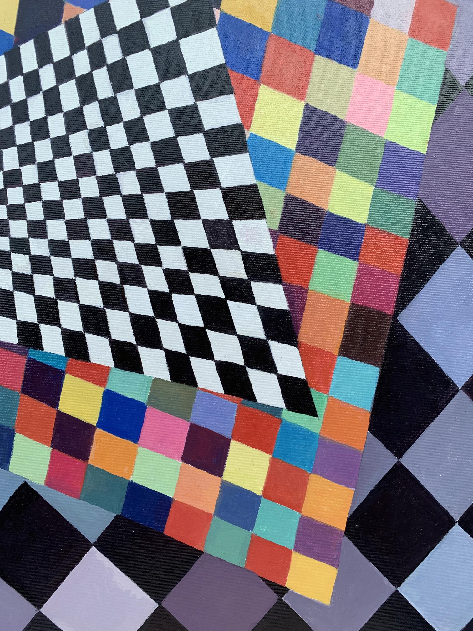 Vibrant multicolored checkered Kandinsky-inspired abstract oil painting square by Victor Konotopsky