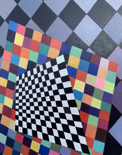 Vibrant multicolored checkerboard Kandinsky-inspired oil painting square by Victor Konotopsky