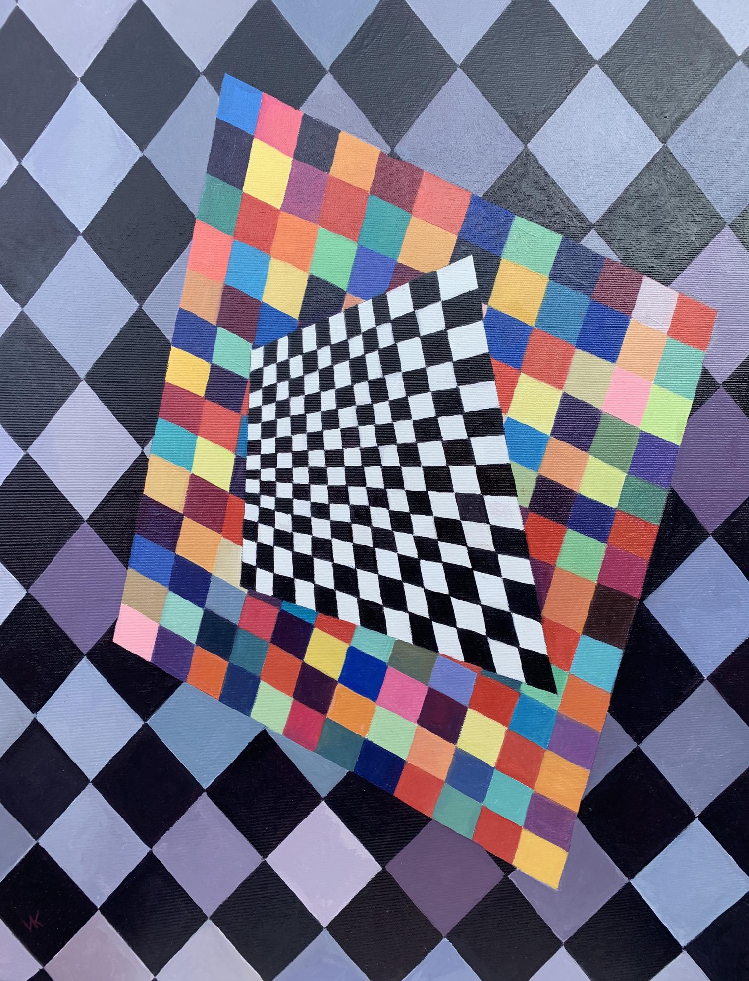 Vibrant Kandinsky-inspired abstract oil painting with rainbow squares on checkerboard