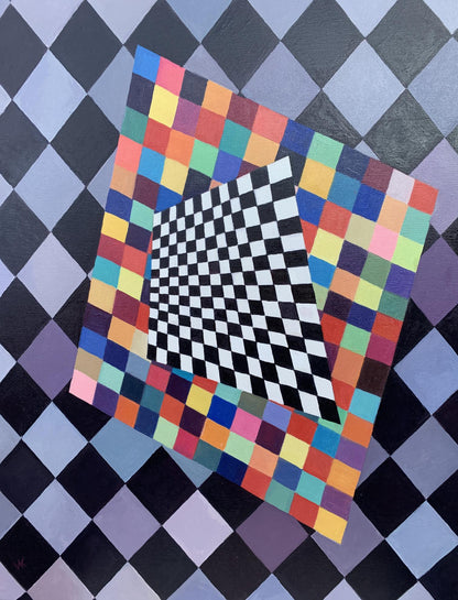 Vibrant Kandinsky-inspired abstract oil painting with rainbow squares on checkerboard