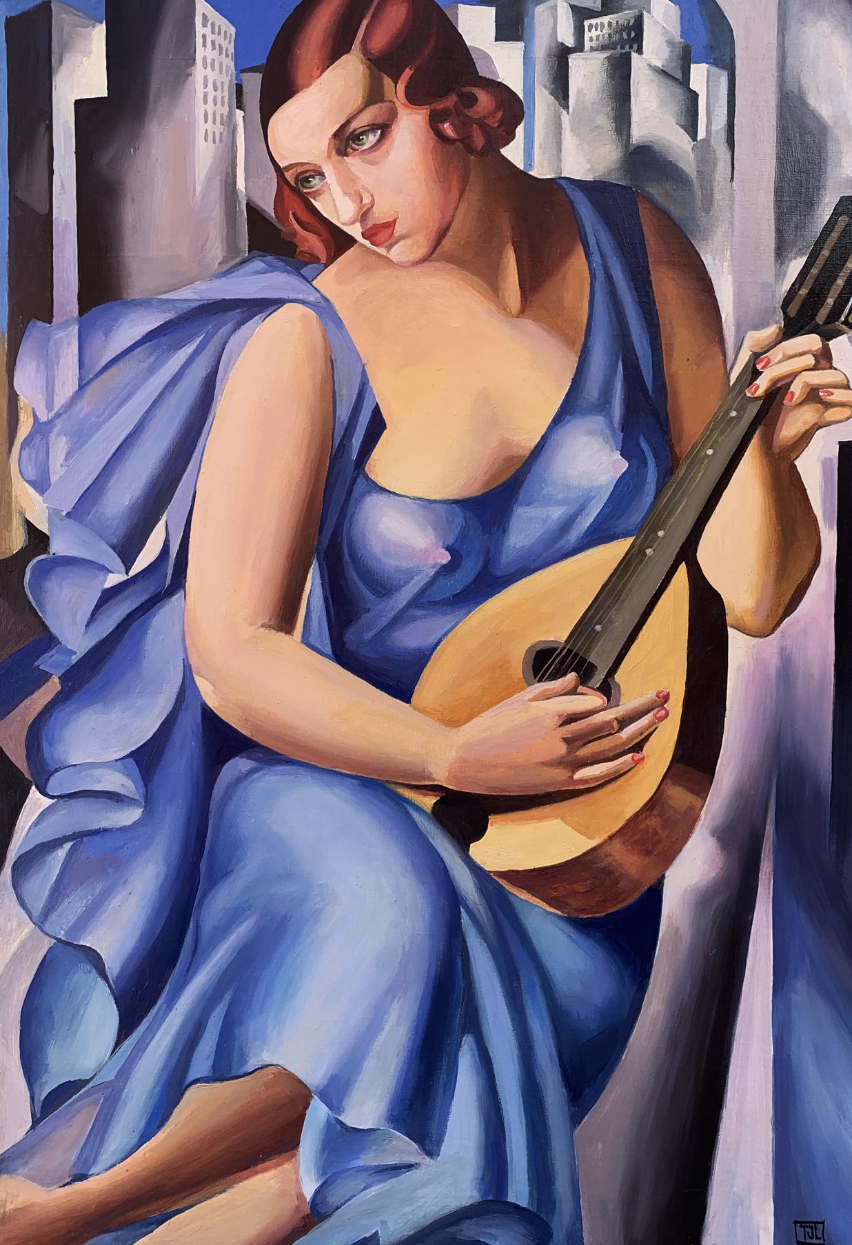 Abstract oil painting of woman in blue dress with mandolin, Tamara Lempicka style by Victor Konotopsky