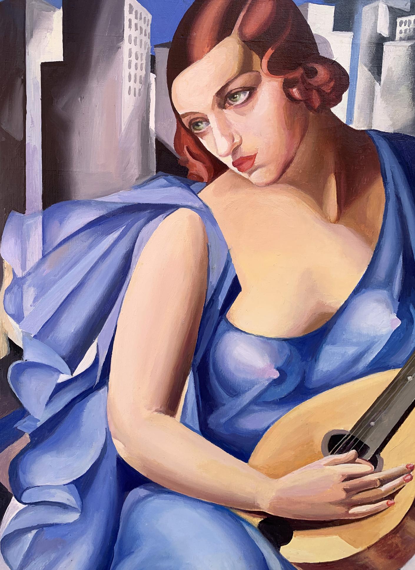 Abstract oil painting of Tamara Lempicka-style musician in blue dress with guitar